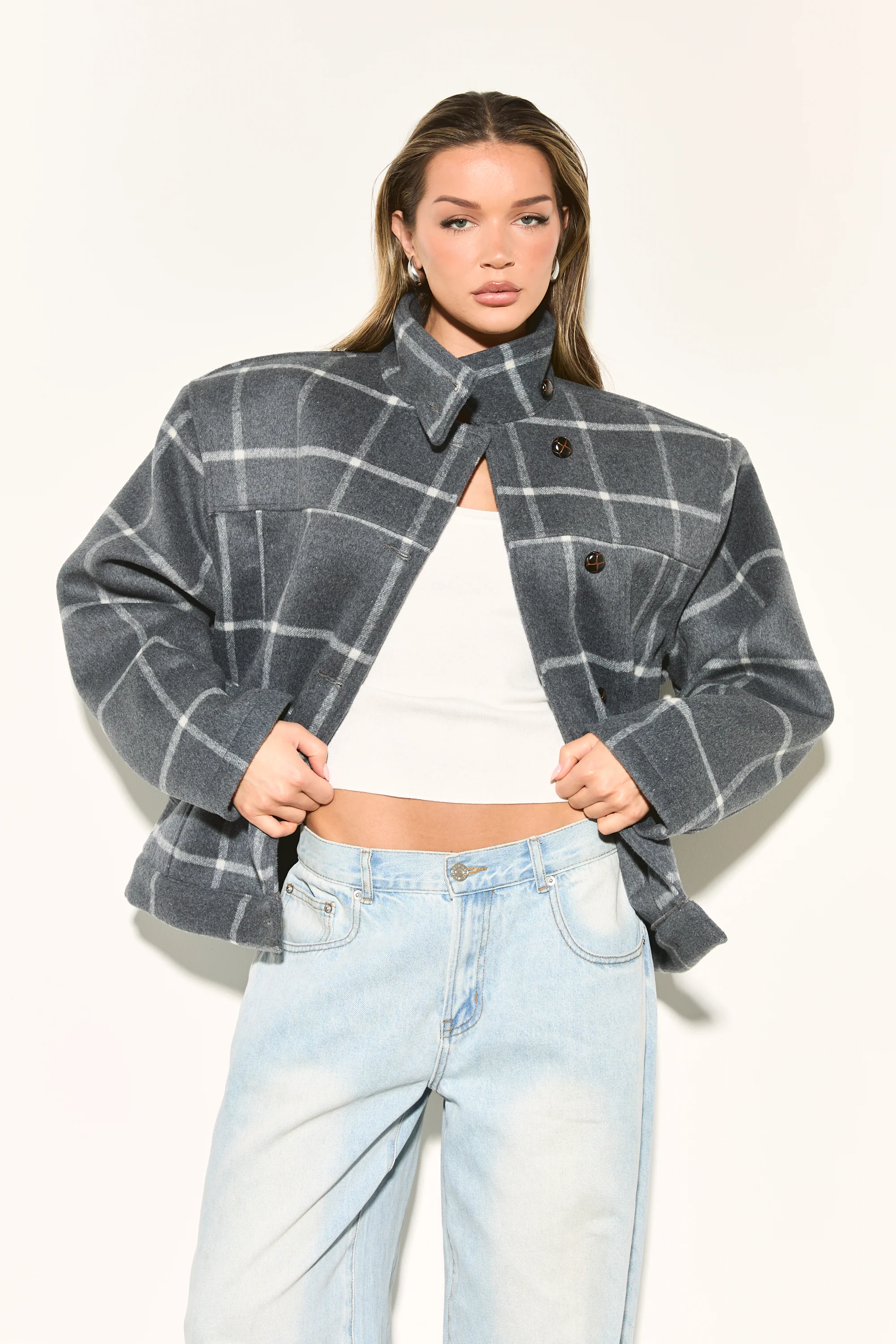 LONIE Grey Check Wool Blend Jacket - Image 5
