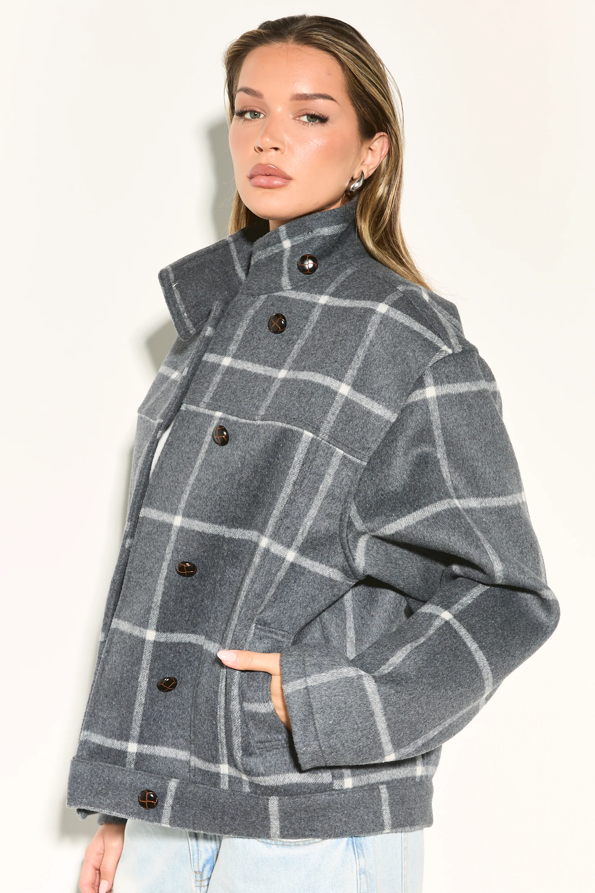 LONIE Grey Check Wool Blend Jacket - Image 6